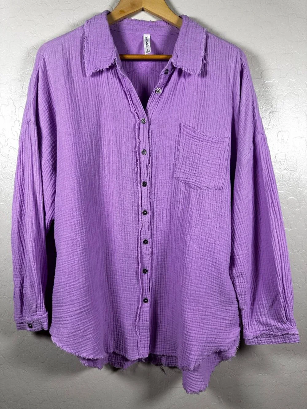 Zenana Lavender Double Gauze Button Down Shirt 100% Cotton Oversized Large - Picture 2 of 11